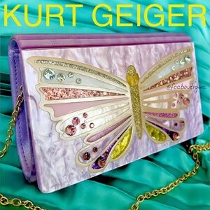 KURT GEIGER Butterfly crystal + mother of pearl + glitter clutch on chain lilac